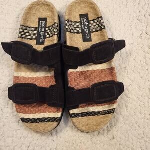 Pedro García black suede and natural raffia w striped Sandals size 38 US 8